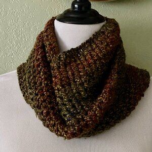Hand Crochet Soft Warm Cozy Red Charcoal Gray Green Cowl Neck Scarf 13" x 11"